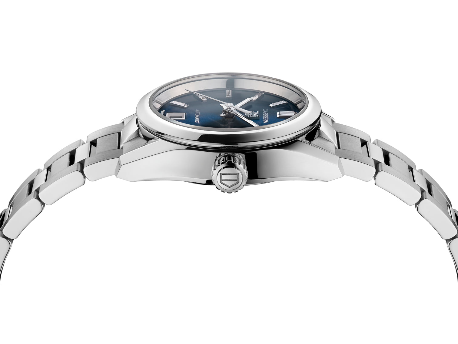 Side of 29mm TAG Heuer Carrera Calibre 9 Automatic Ladies' Blue Steel Watch